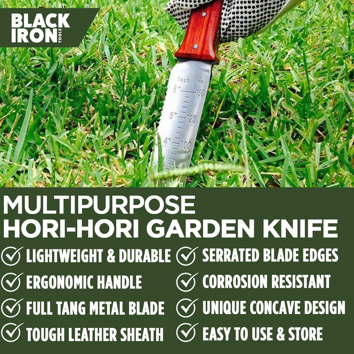 Hori Hori Garden Knife [7 Inches, Japanese Stainless Steel] Durable Gardening Tool for Weeding, Digging, Cutting &amp; Planting with Leather Sheath and Sharpening Stone