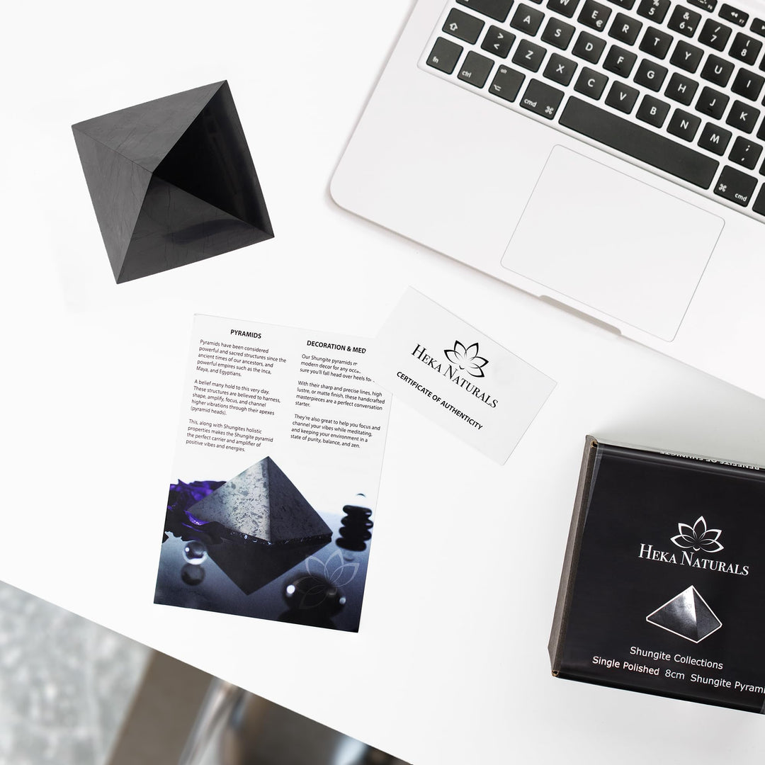 Heka Naturals Polished Shungite Pyramid Black Stone Crystal | 3 Inch - Desk Decor Shungite Stone for Home or Office - Chakra Stones, Healing Crystals, Meditation Pyramid
