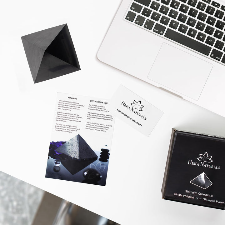 Heka Naturals Polished Shungite Pyramid Black Stone Crystal | 3 Inch - Desk Decor Shungite Stone for Home or Office - Chakra Stones, Healing Crystals, Meditation Pyramid