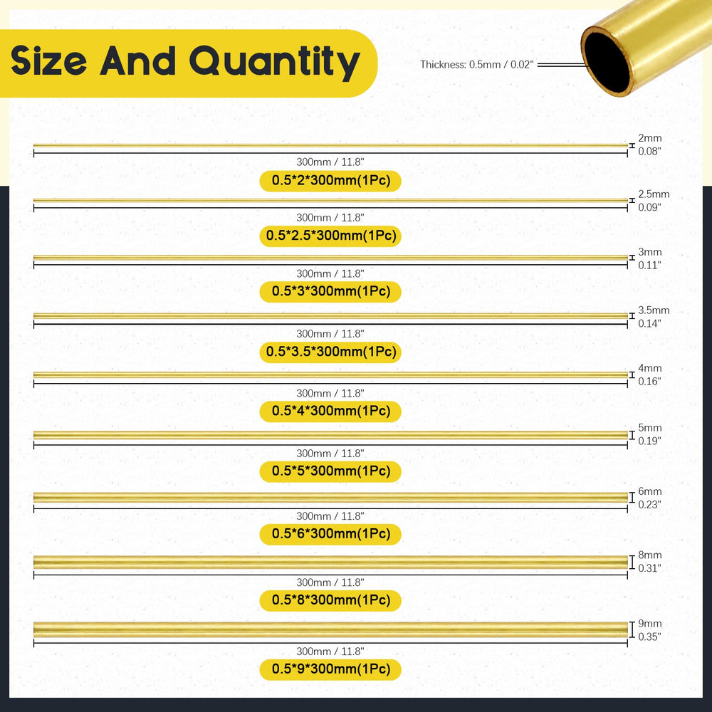 9 Pcs 9 Sizes Brass Round Tube Set, 2mm 2.5mm 3mm 3.5mm 4mm 5mm 6mm 8mm 9mm OD x 0.5mm Wall Thickness 300mm Length High Strength Seamless Straight Pipe Tubing for Hobby Model