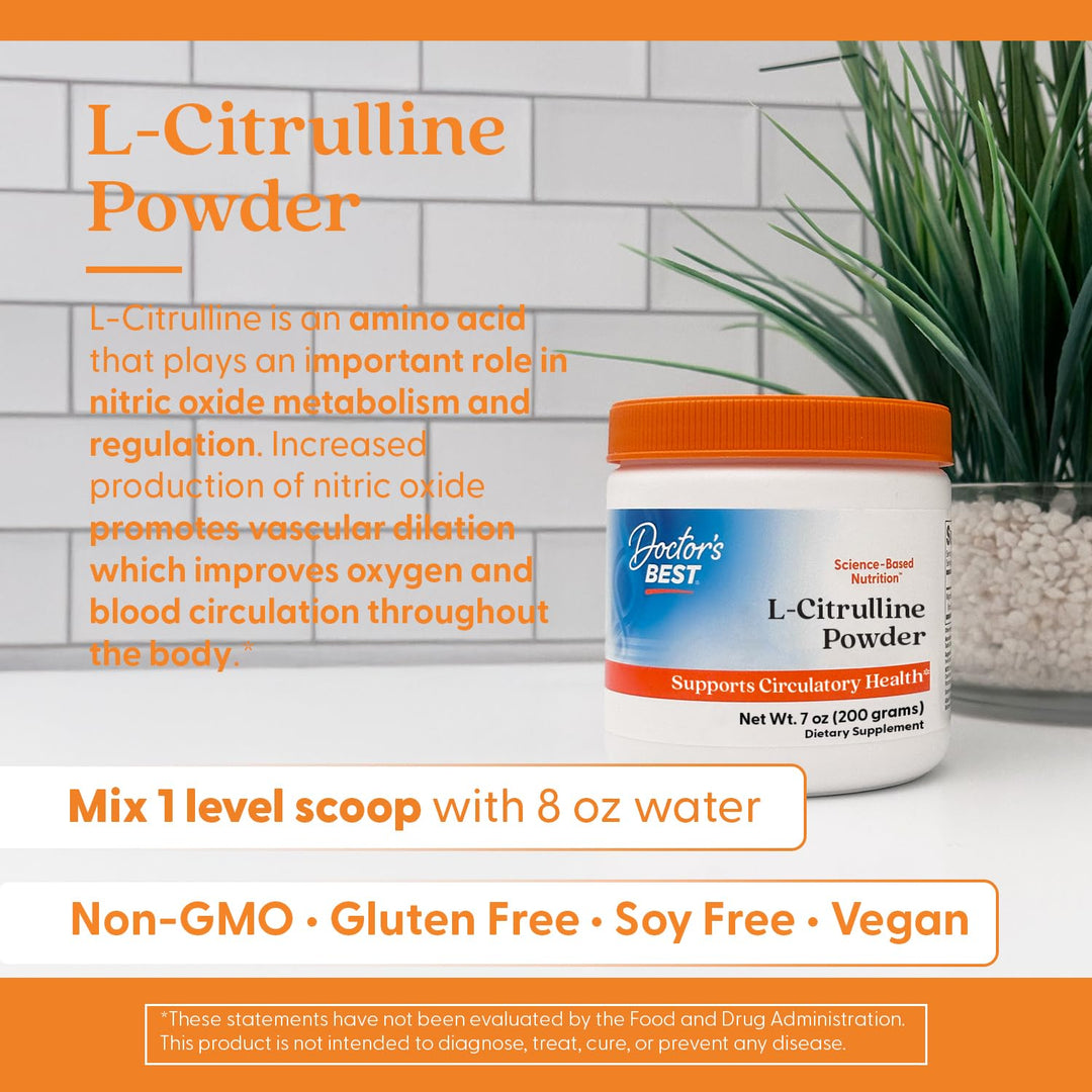 Doctors Best L-Citrulline Powder (Kyowa Quality), Supports Circulatory Health, Non-GMO, Gluten Free, Soy Free, Vegan Net Wt. 7 oz (200 Grams)