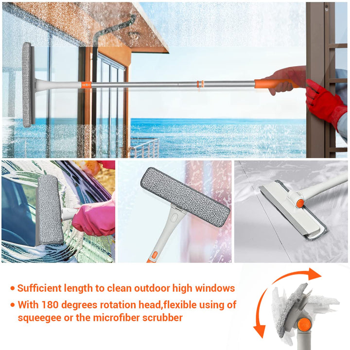 Window Squeegee Cleaner 2 in 1 Window Cleaning Tool with Scrubber Car Windshield Cleaner Kit with Extension Pole Washing Equipment with Microfiber Cloth for Cleaning Indoor/Outdoor Window Glass Door