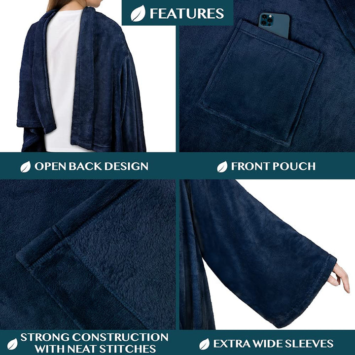 Wearable Blanket with Sleeves for Adult Women Men, Cozy Fleece Warm Wrap Throw Blanket with Arms, Pocket, Gifts for Christmas, Wife, Navy Blue
