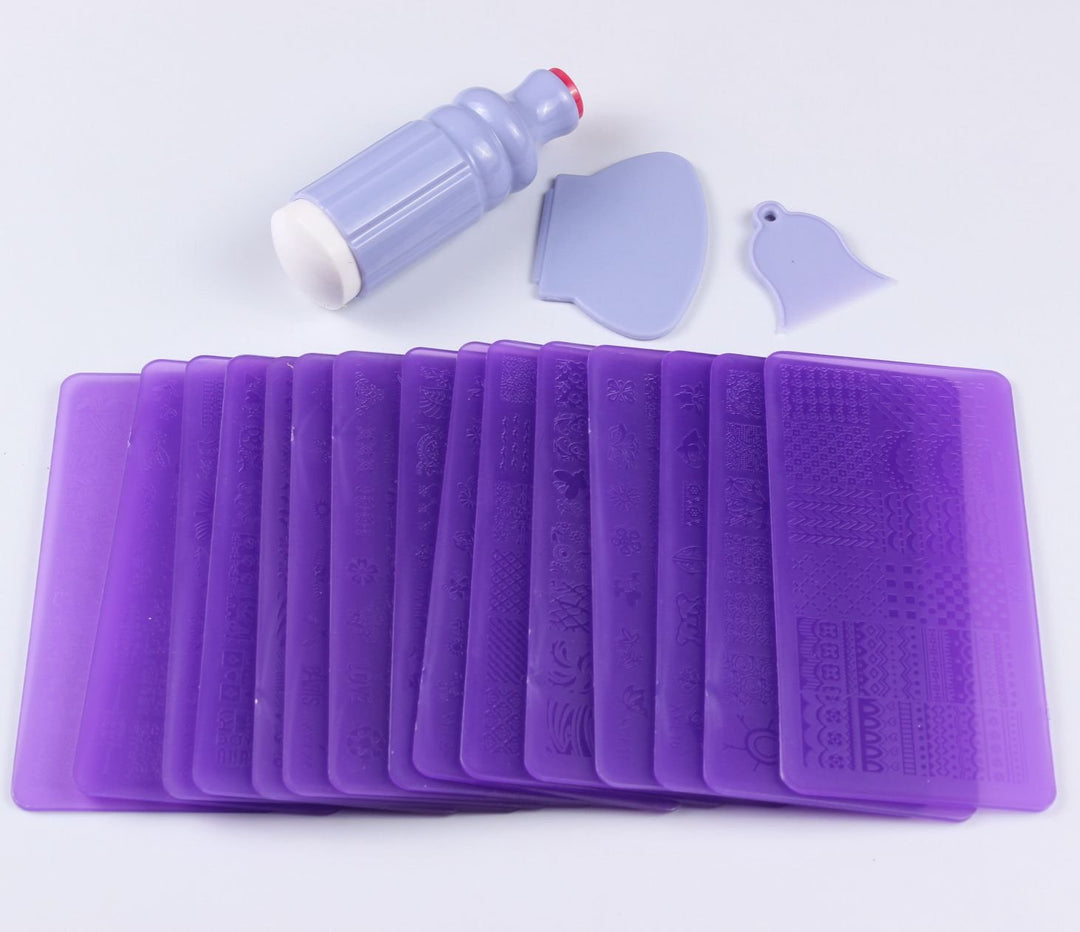 16PCS Nail Art Stamping Plate Mix Different Design Nail Art Stamp Image DIY Image Plate Template+1 Pcs Double Side Nail Art Stamper Tool