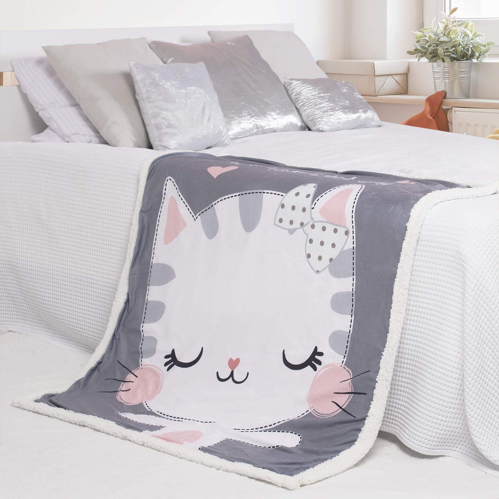 Baby Blanket for Girls and Boys - Grey Cat 30”x40” - Animal Print - Premium Minky Fleece with Sherpa Throw - Soft, Plush, Warm - Perfect for Couch, Bed, Sofa