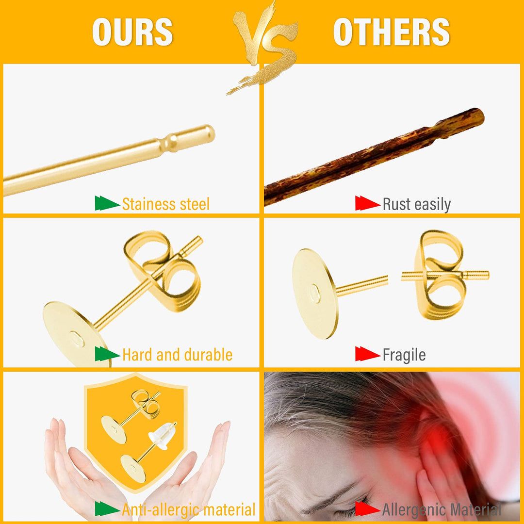 Earring Posts Stainless Steel, 1200Pcs Hypoallergenic Earring Posts and Backs, Gold Flat Pad Earring Studs with Clutch for Earring Making and DIY Stud Earring Supplies