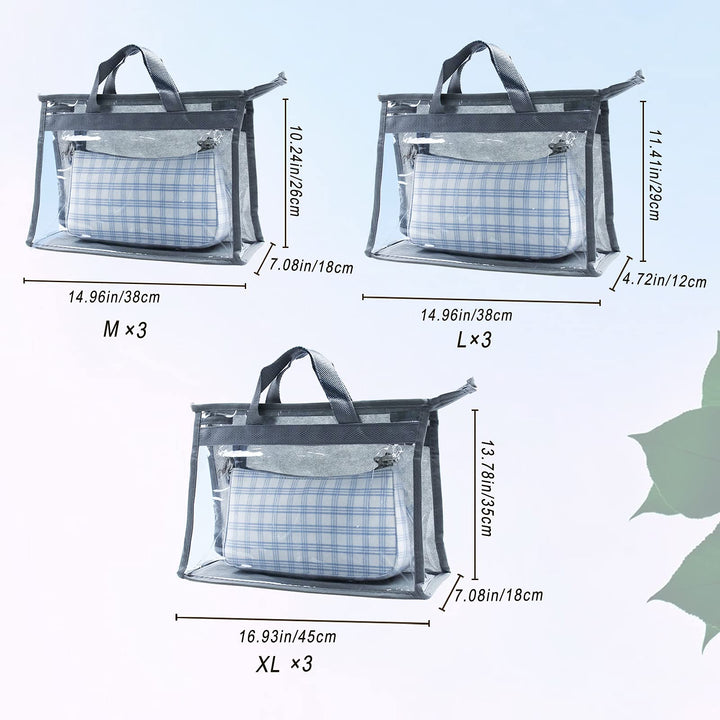 9Pcs Clear Handbag Storage Dust Cover Organizer Bags, Transparent Dustproof Purse Protector Storage Bag with Zipper Handles for Closet Shelf-3 Sizes (Grey)