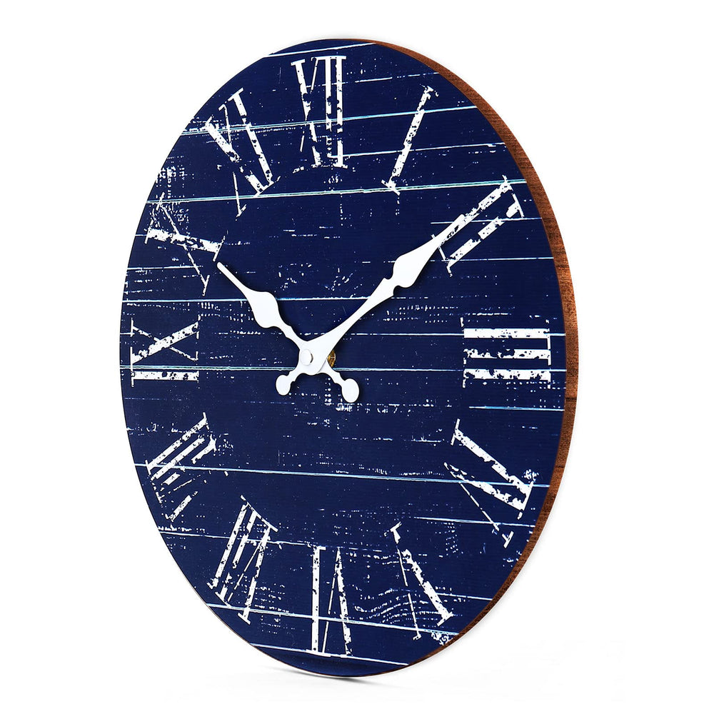 Old Fashioned 12 Inch Round Wood Hanging Wall Clock Vintage Round Rustic Coastal Wall Clocks Decorative ,Battery Operated (Navy)