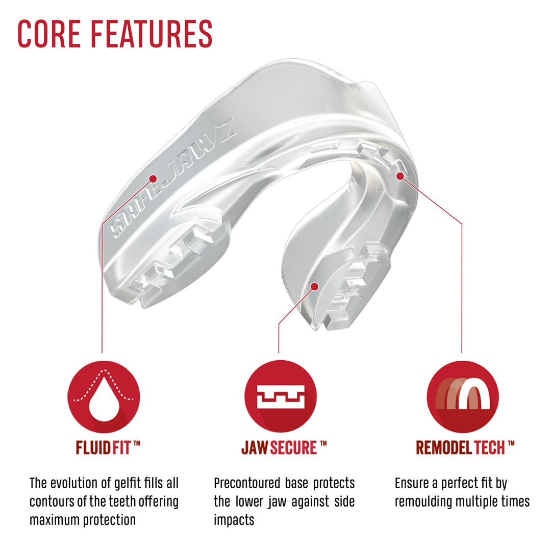 SAFEJAWZ Sports Mouthguard Slim Fit, Adult and Junior Mouth Guard with Case for Boxing, Basketball, Lacrosse, Football, MMA, Martial Arts, Hockey and All Contact Sports (Adult 12+ Years, Clear)