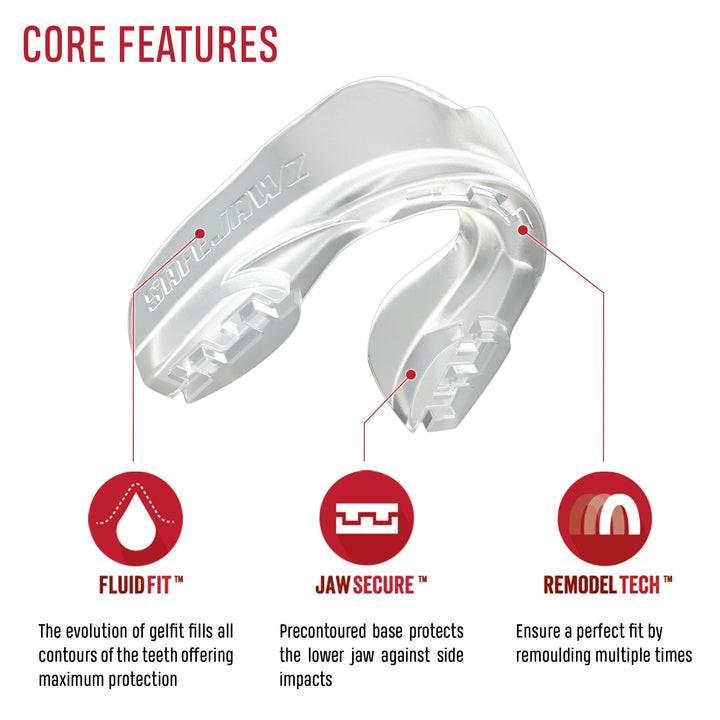 SAFEJAWZ Sports Mouthguard Slim Fit, Adult and Junior Mouth Guard with Case for Boxing, Basketball, Lacrosse, Football, MMA, Martial Arts, Hockey and All Contact Sports (Adult 12+ Years, Clear)