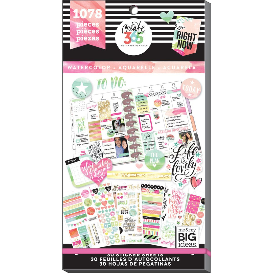 me &amp; my BIG ideas Sticker Value Pack - The Happy Planner Scrapbooking Supplies - Watercolor Theme - Multi-Color &amp; Gold Foil - Great for Projects, Scrapbooks &amp; Albums - 30 Sheets, 1078 Stickers Total