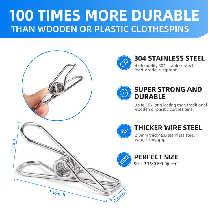 40 Pack Wire Clothes Pins Heavy Duty Outdoor, Stainless Steel ClothesPins for Hanging Clothes, Metal Clothes Pegs, Clothing Clips, Laundry Pins 2.0mm Diameter 6cm Long