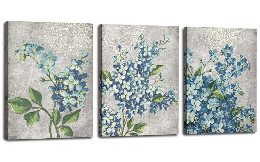 Bathroom Decor Blue Flowers Canvas Wall Art Pictures Florals Blossom Painting Grey Wildflowers Botanical Framed for Bedroom Living Room Dinning Room Home Office Wall Decor, 12x16x3 Panels