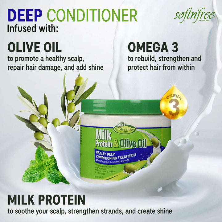 Sofn&#39;free GroHealthy Milk Protein &amp; Olive Oil Really Deep Conditioning Treatment (16oz) (PACKAGE SEALED!!!!!)