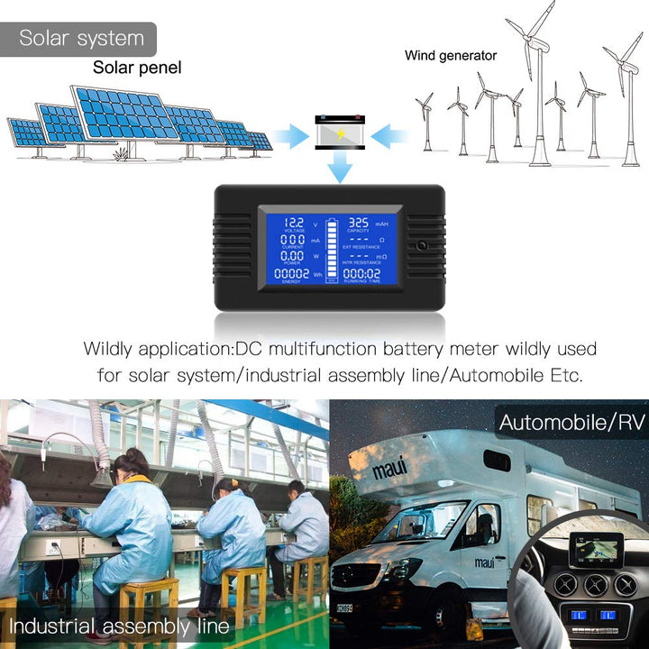 DC Multifunction Battery Monitor Meter,0-200V,0-300A (Widely Applied to 12V/24V/48V RV/Car Battery) LCD Display Digital Current Voltage Solar Power Meter Multimeter Ammeter Voltmeter