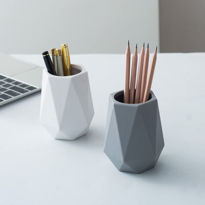Silicone Desk Pen Holder Stand Diamond Facet Pencil Cup Pot Desk Organizer Makeup Brush Holder (2 Pack-White)