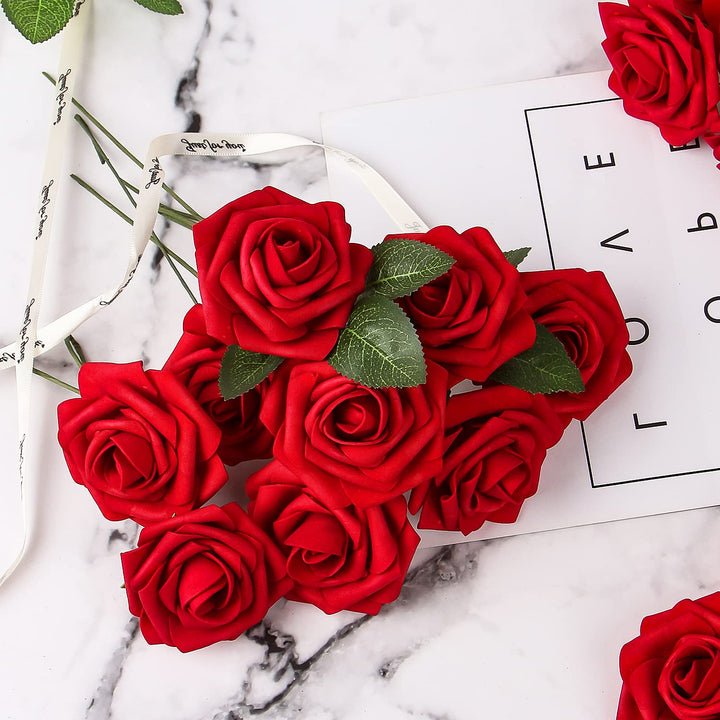 Red Artificial Rose Flowers,30 Pcs Fake Flowers with Stem in Bulk for Wedding Centerpieces,DIY Bouquets,Bridal Shower Party and Home Floral Arrangement Decorations