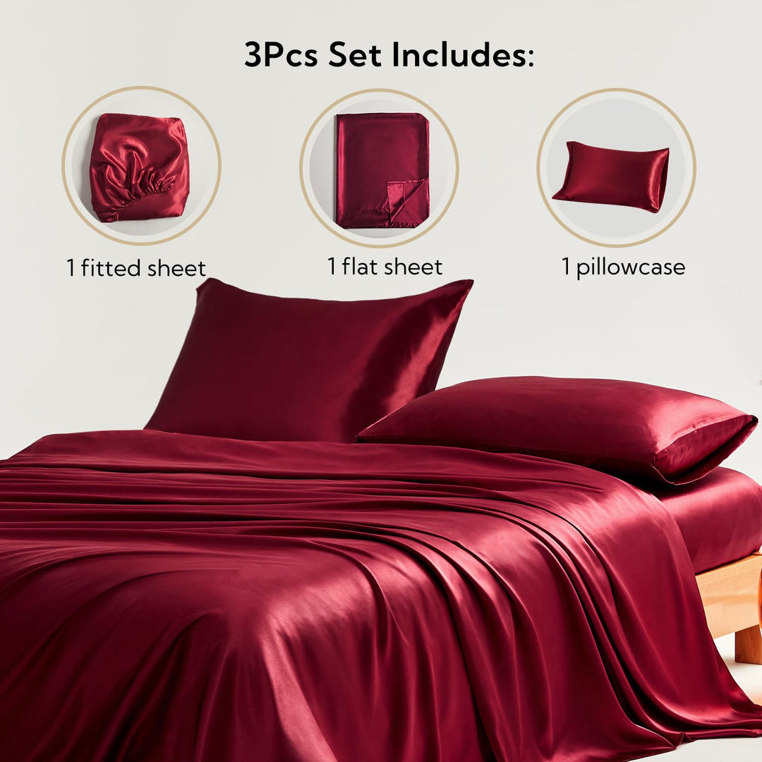 Satin Sheets Bed Set 4 Pcs, CK Size Silky Bedding Set, Soft and Durable Pillowcase Cover, Flat Sheet and Fitted Sheet, Hotel Luxury Bed Sheets Set (California King, Burgundy)