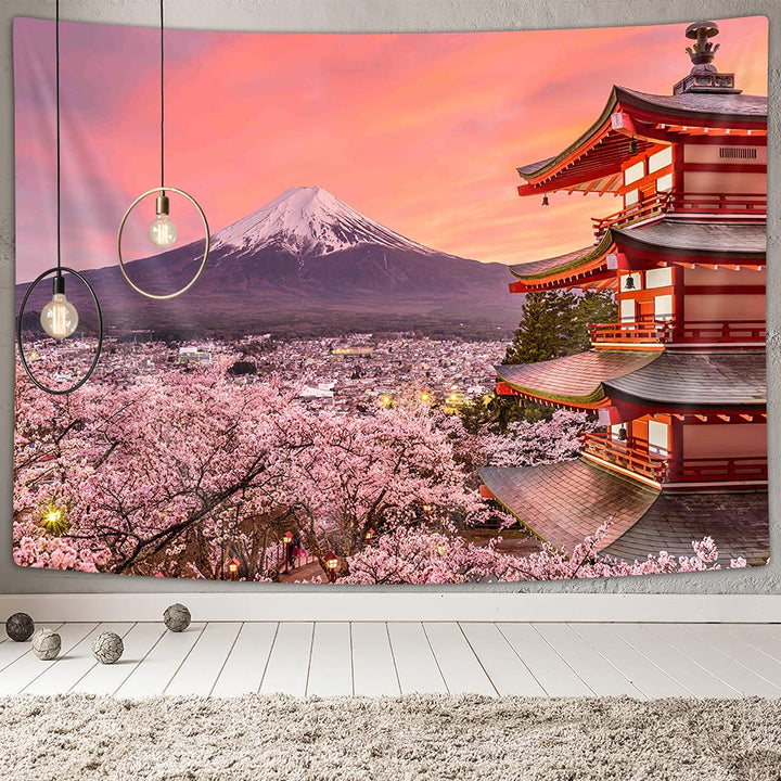 Asian Japanese Tapestry Wall Hanging Japan Pagoda Mountain Fuji Spring Cherry Blossoms Sakura Flower Tapestries, Pink Small Tapestry Wall Deocr for Bedroom Living Room Dorm