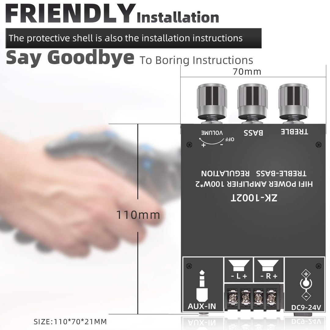 100W+100W Amplifier Board with Treble and Bass Control, DC 9-24V, BT and AUX Inputs, 2.0 Channel Stereo AMP Board for DIY Wireless Speakers, Password Free (ZK-1002T)