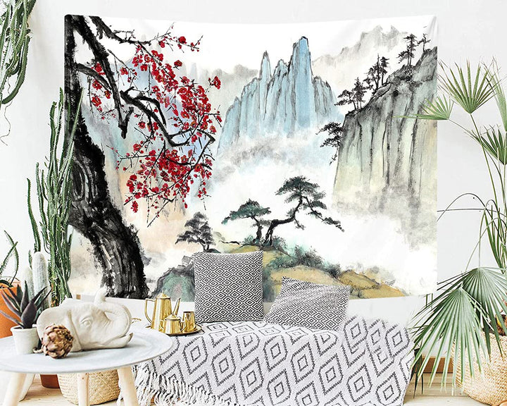 Japanese Tapestry Wall Hanging, Asian Anime Art Cherry Blossom Floral Black Red Wall Decor Tapestries, Chinese Landscape Tapestry for Bedroom Living Room College Dorm, Wall Posters 60X40 Inches