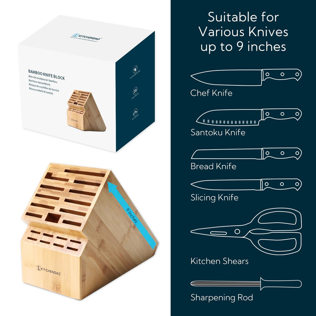 Deluxe 20 Slot Bamboo Knife Block Holder without Knives, Countertop Butcher Block Kitchen Knife Stand, Hold Multiple Large Blade Knives, Wider Slots for Easier Storage