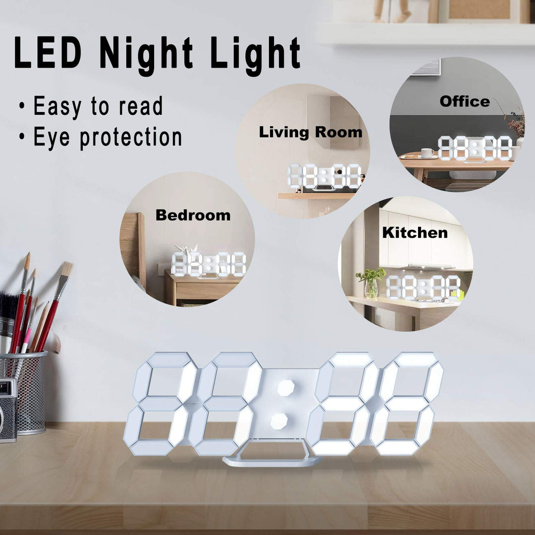 EDUP Home 3D LED Digital Wall Clock Desk Alarm Clock with Remote Control for Kitchen Bedroom Office, Fashion 9.7 LED Night Light Decor Clock Adjust Brightness 12H/24H Time Date Temperature White
