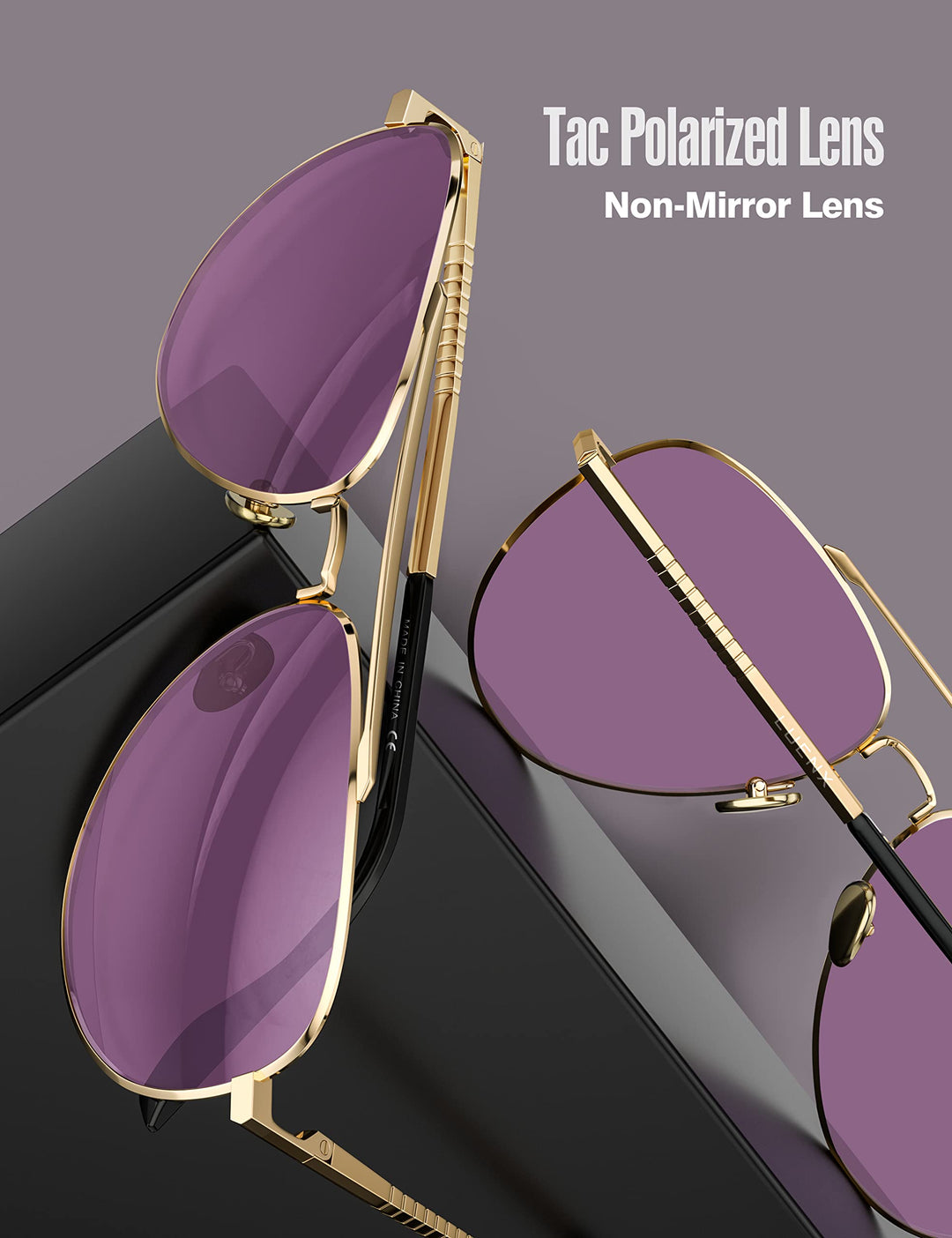 Aviator Sunglasses for Mens Womens Polarized Purple Lens Metal Gold Frame 60mm
