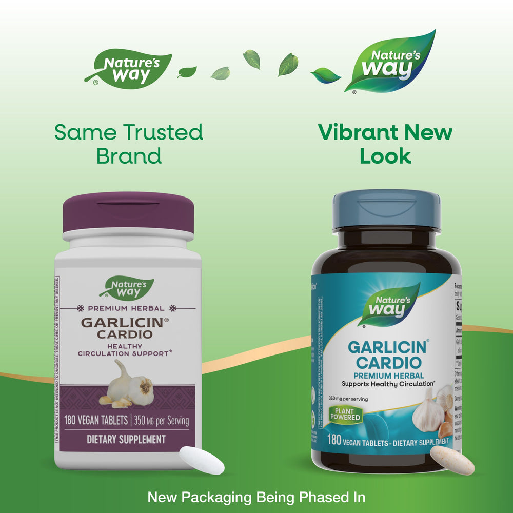 Garlicin Cardio, Premium Herbal, Supports Healthy Circulation*, No Garlic Taste, Vegan, 180 Tablets (Packaging May Vary)