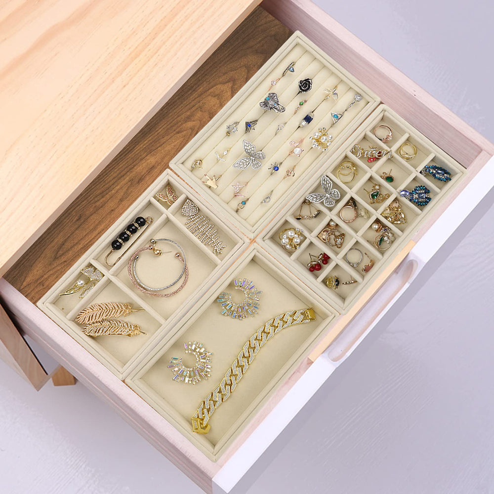 Velvet Jewelry Trays Organizer for Drawers, Small Stackable Jewelry Display Tray for Ring Earring Bangle Bracelet Necklace, Set of 4, Beige