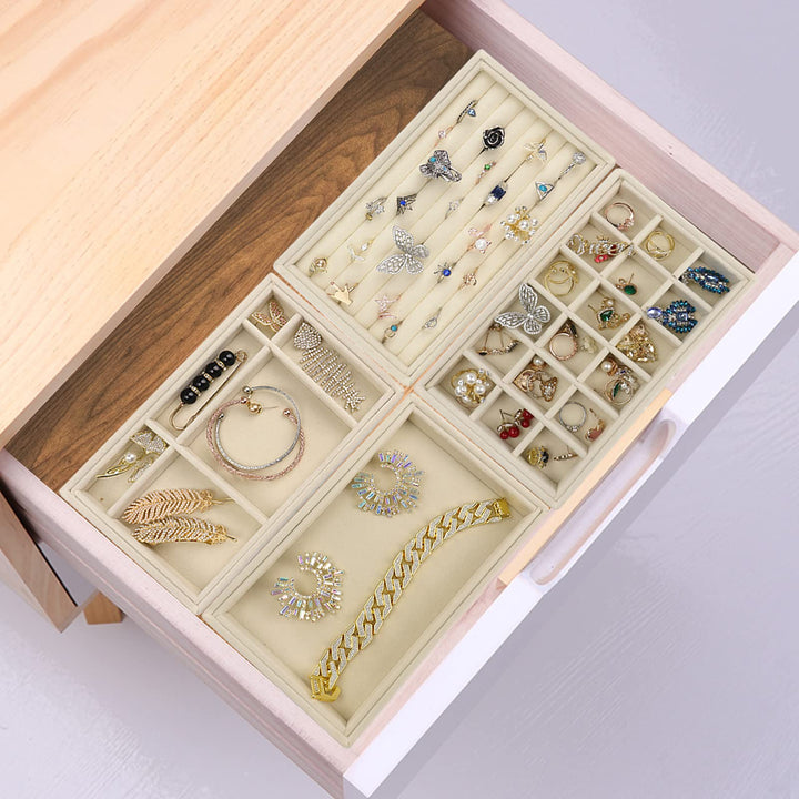 Velvet Jewelry Trays Organizer for Drawers, Small Stackable Jewelry Display Tray for Ring Earring Bangle Bracelet Necklace, Set of 4, Beige