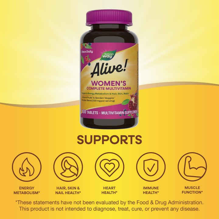 Nature&#39;s Way Alive Daily Complete Multivitamin for Women, Supports Energy Metabolism, Hair, Skin &amp; Nails*, B-Vitamins, 130 Tablets (Packaging May Vary)