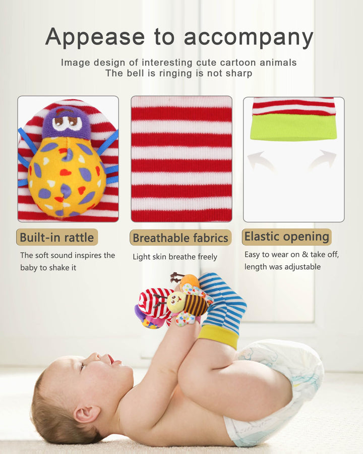 Baby Wrist Rattle, Handheld Rattles and Rattle Socks, Foot Rattle Leg Rattle Ankel Rattle, Soft Newborn Baby Rattle Toys for Infant Boy or Girl (4 PCS - BR)