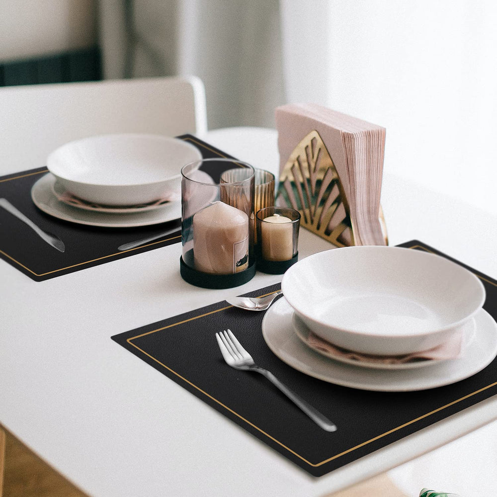 Placemats,Place Mats Coaster for Dinner Table Set of 4 Leather Placemats,Heat-Resistant Non-Slip Washable Insulation Placemats Modern Fashion Style Placemats,4 Placemats & 4 Coasters (Black)