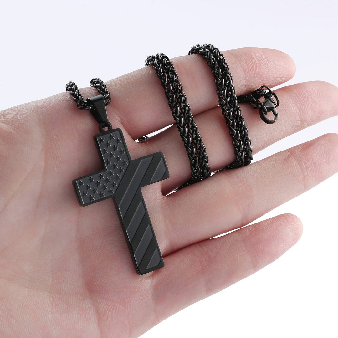Black Cross Necklace Pendant for Men Boys American Flag Chain First Communion Confirmation Baptism Christian Gifts Teen Teenage Boys (Joshua 1:9)
