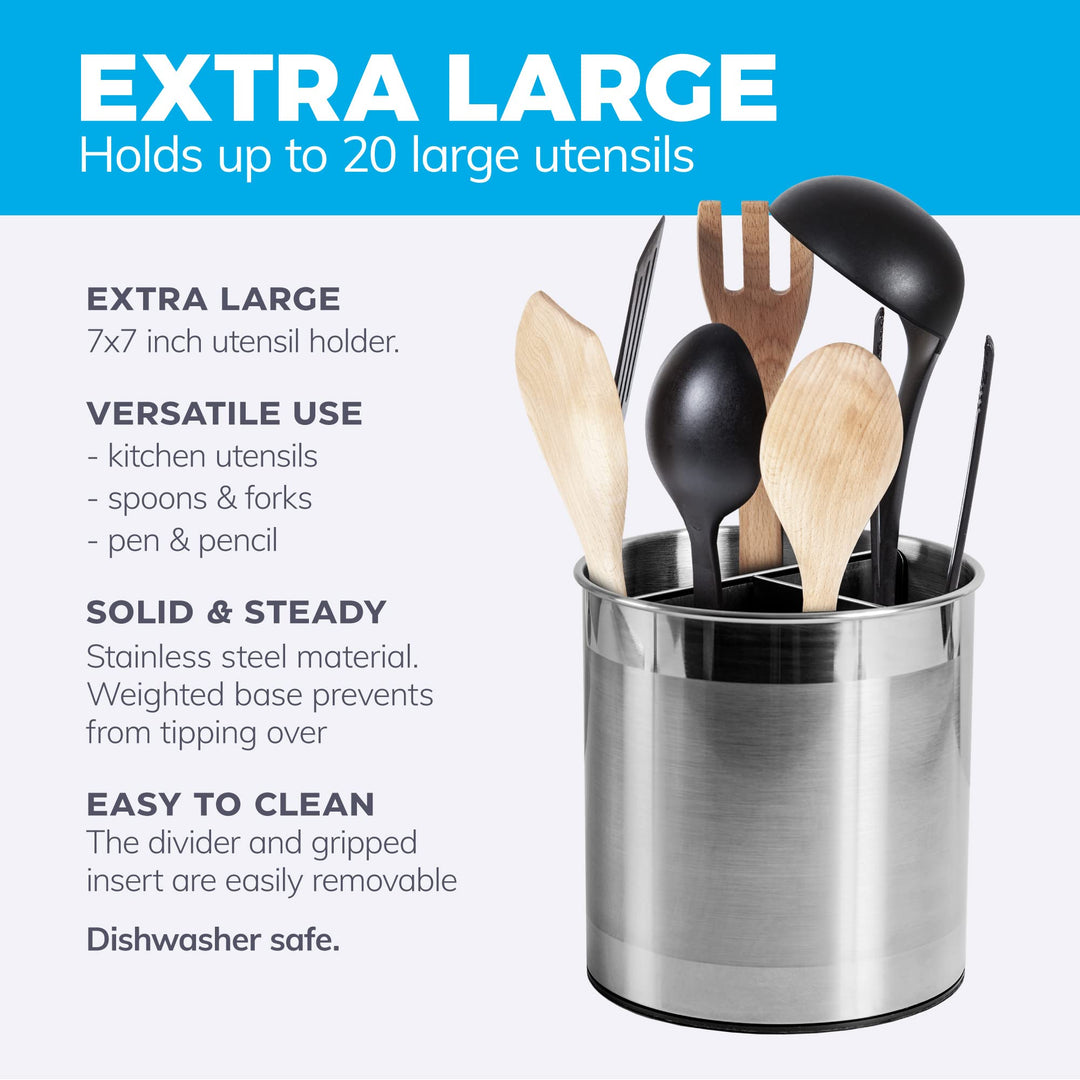 Rotating Extra Large Stainless Steel Utensil Holder Caddy with Sturdy No-Tip Weighted Base, Removable Divider, and Gripped Insert Bottom -Dishwasher Safe Metal Cooking Utensil Holder…
