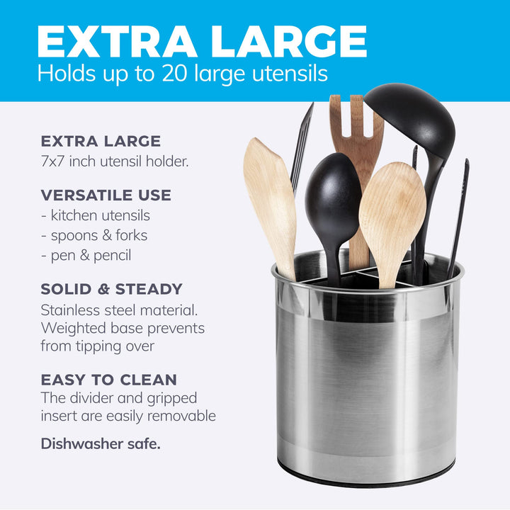 Rotating Extra Large Stainless Steel Utensil Holder Caddy with Sturdy No-Tip Weighted Base, Removable Divider, and Gripped Insert Bottom -Dishwasher Safe Metal Cooking Utensil Holder…