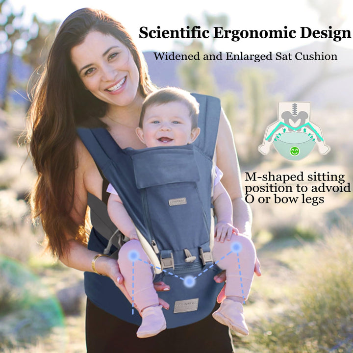 Baby Carrier Newborn to Toddler, YIYUNBEBE Adjustable Detachable Baby Carrier with Hip Seat, All Seasons Baby Holder Carrier for Dad Mom, Blue