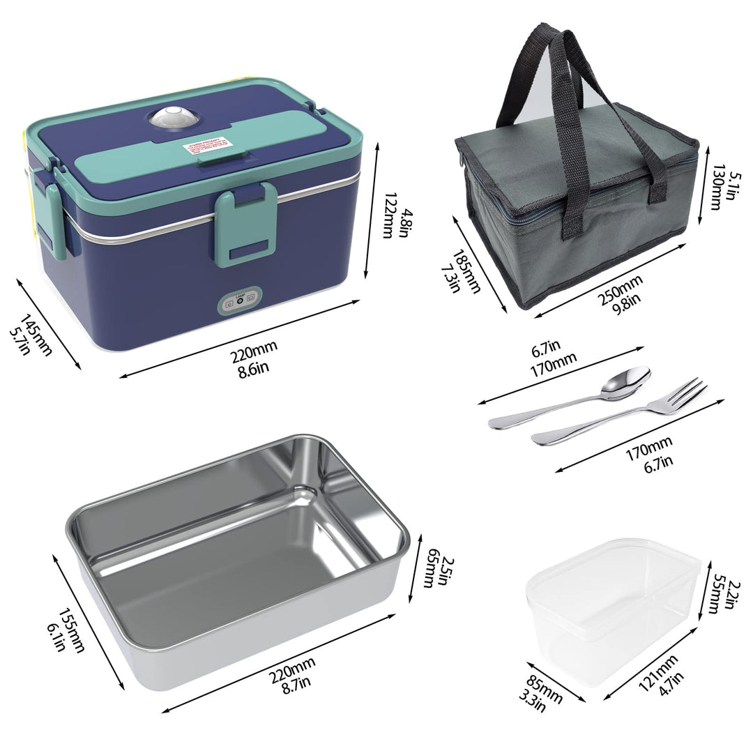 Heated Bento Box Electric Lunch Box Portable Food Warmer Heating Lunch Box Lunch Heater for Car&amp;work Leak Proof 12V 24V110V 3 Grid Plate Removable Container for Adults with Carry Bag (White)