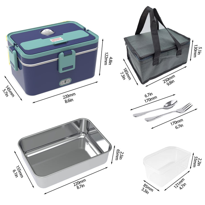 Heated Bento Box Electric Lunch Box Portable Food Warmer Heating Lunch Box Lunch Heater for Car&amp;work Leak Proof 12V 24V110V 3 Grid Plate Removable Container for Adults with Carry Bag (White)