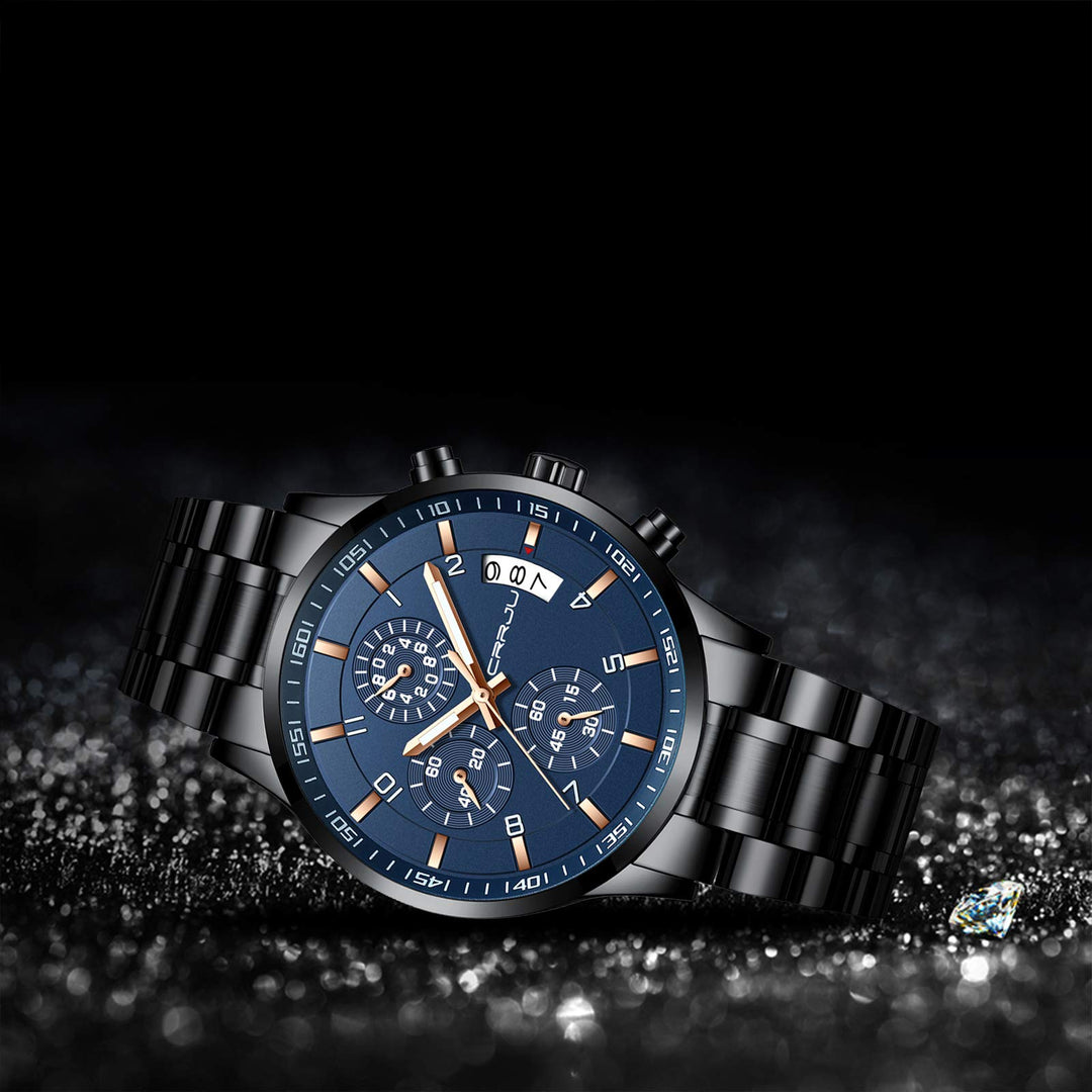 Mens Watches Luxury Casual Quartz Analog Black Stainless Steel Waterproof Chronograph Wrist Watches for Men