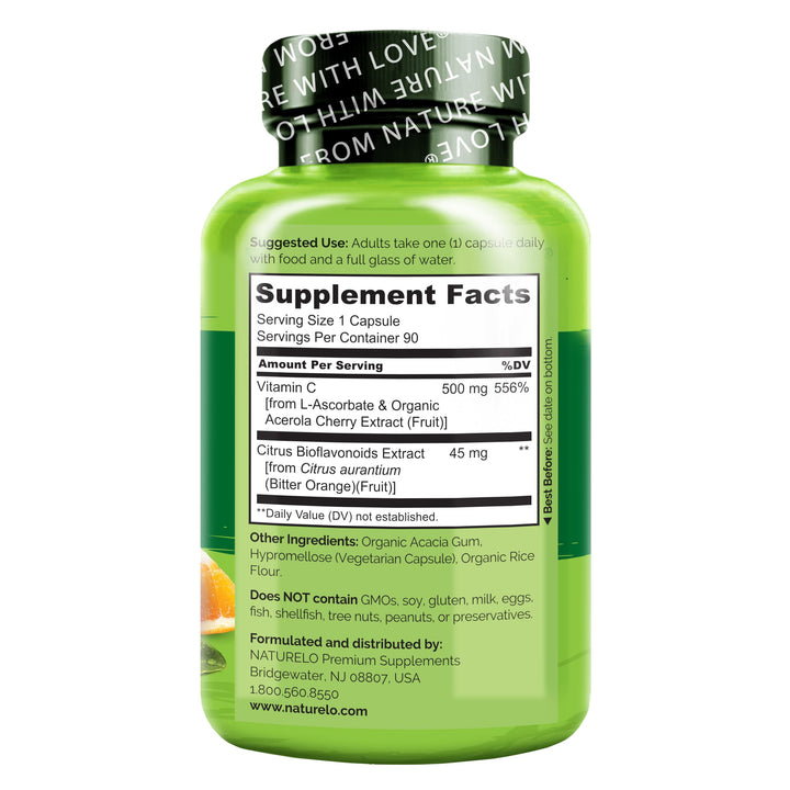 Vitamin C with Organic Acerola Cherry Extract and Citrus Bioflavonoids - Vegan Supplement - Immune Support - 500 mg VIT C per Cap - Non-GMO - 90 Capsules