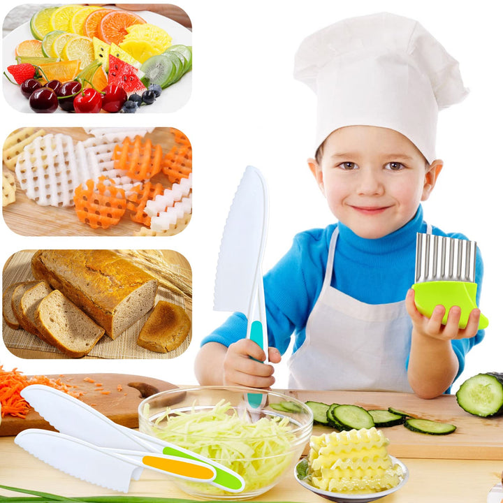 4 Pcs Kids Knife Set, Nylon Kitchen Knife with Crinkle Cutter, Serrated Edges Plastic Toddler Chef Knife for Real Cooking &amp; Cutting Fruit Bread