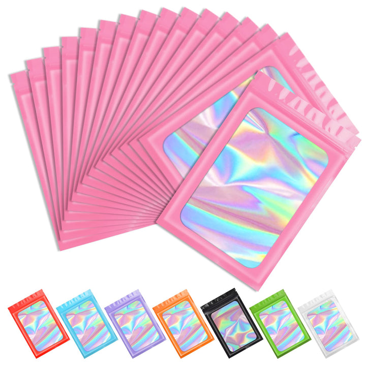 100 pcs Pink Smell Proof Mylar Holographic Bags Packaging Bags,Clear Resealable Odor Proof Bags Foil Pouch Bags for Food Storage, Lipgloss,Jewelry,Eyelash Packaging for Small Business(3.9x7.1Inch)