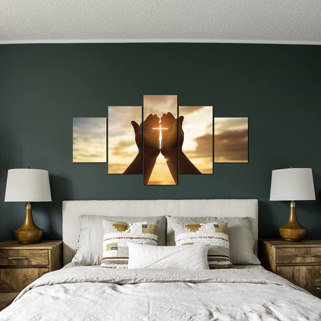Jesus Christ Canvas Wall Art Jesus Hands Prayer Cross in Hands Poster 5 Pieces Artwork Painting for Living Room Home Decoration Suitable for Church(Unframed,YSWL-06)