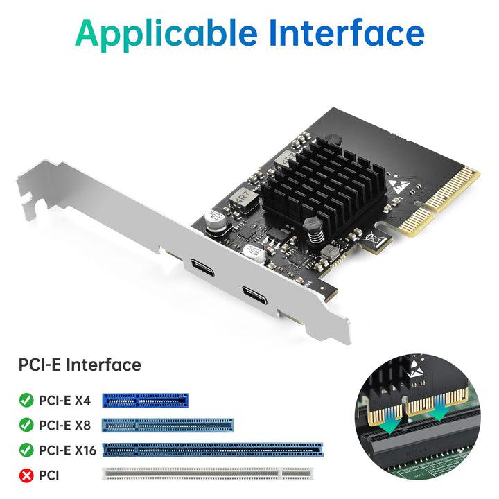 PCIE to USB 3.2 Expansion Card 10Gbps 2 USB C Ports Max Speed PCI-E Type C USB 3.2 Gen2 Card with Large-Area Heatsink USB Front Panel Adapter for Windows 11/10/8/7/XP/Linux/Mac OS