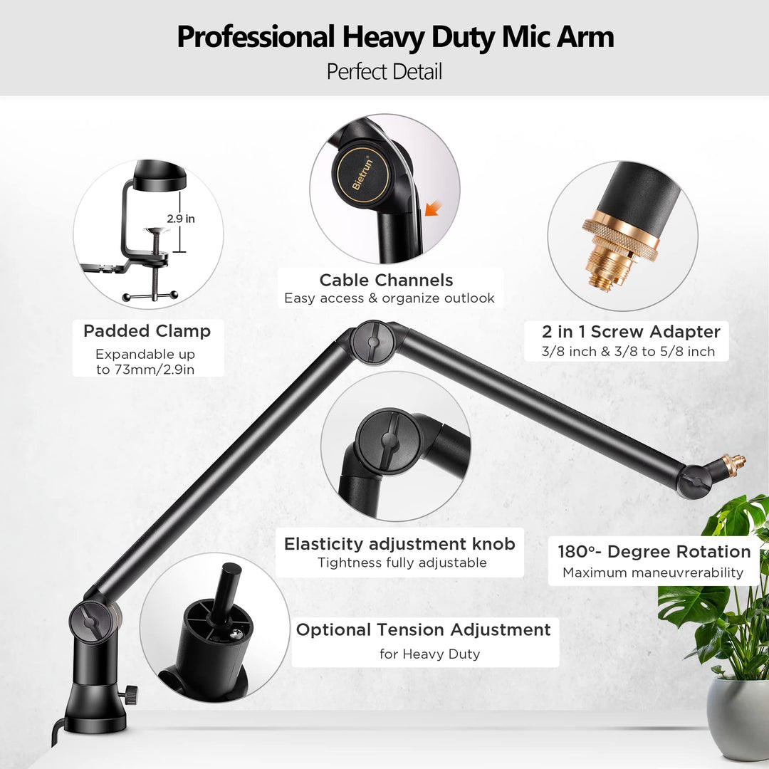 Mic Arm Desk Mount(Longer)for Shure SM7B/MV7/Blue Yeti/Nano/Hyperx Quadcast, Adjustable 360° Rotatable Universal Heavy Duty Metal Mic Arm with 3/8 to 5/8 Adapter, Cable Trough, Headset Hook