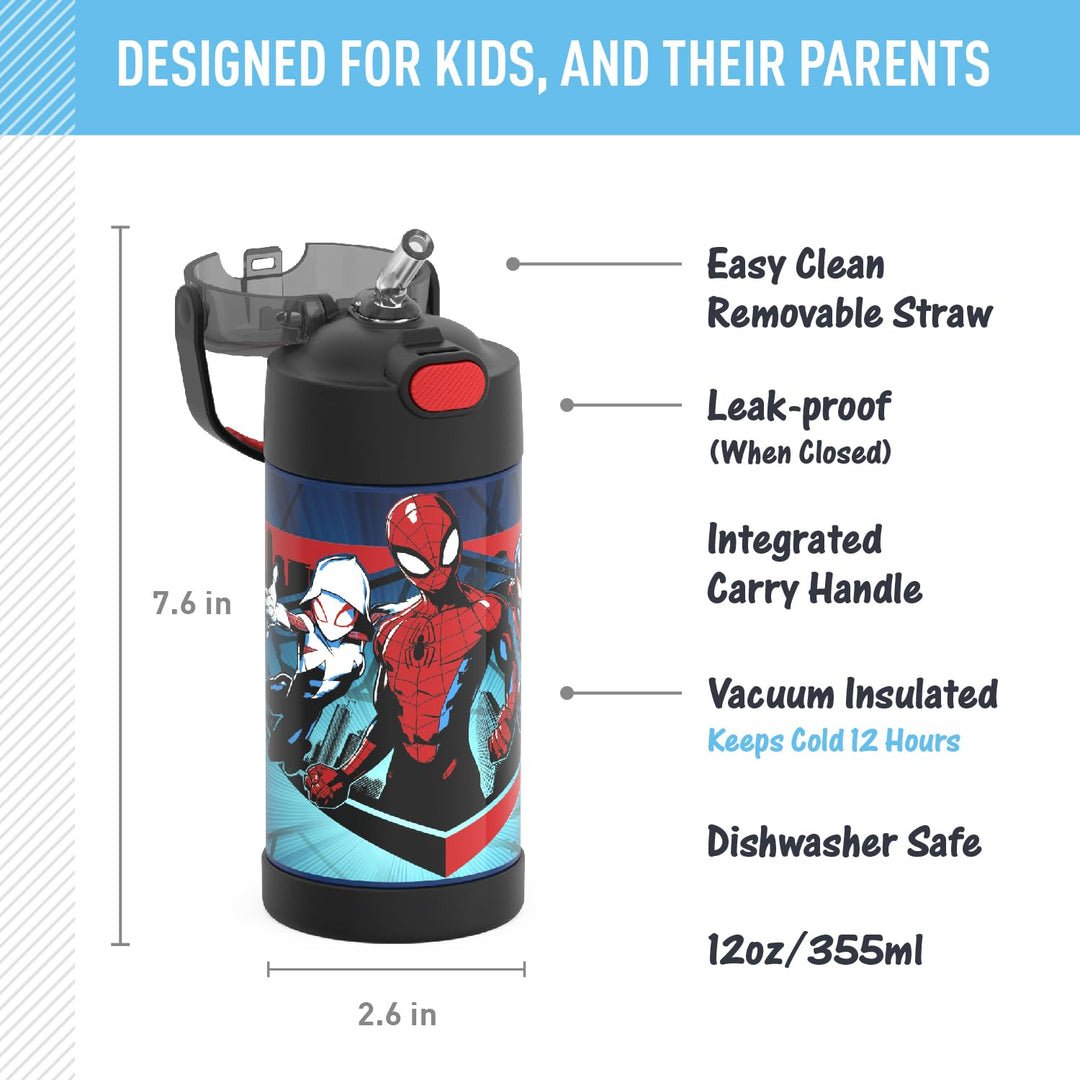 FUNTAINER Water Bottle with Straw - 12 Ounce, Spider-Man - Kids Stainless Steel Vacuum Insulated Water Bottle with Lid