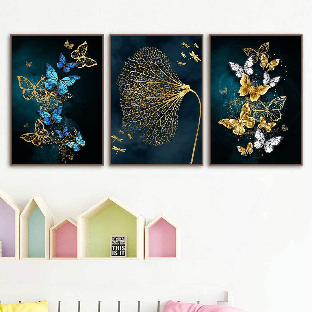Painting On Canvas Wall art Modern Minimalist Poster Blue Gold Butterfly Mural Decoration for Living Room Home Decor No Frame (20X28inchX3 Unframed)