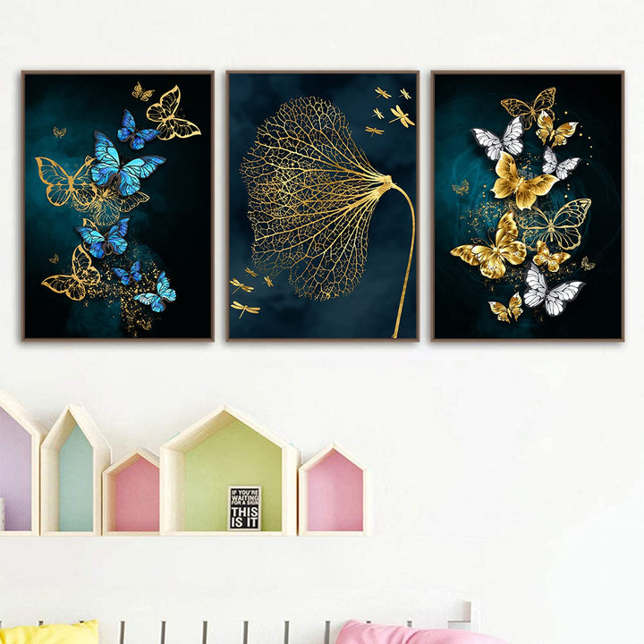 Painting On Canvas Wall art Modern Minimalist Poster Blue Gold Butterfly Mural Decoration for Living Room Home Decor No Frame (20X28inchX3 Unframed)